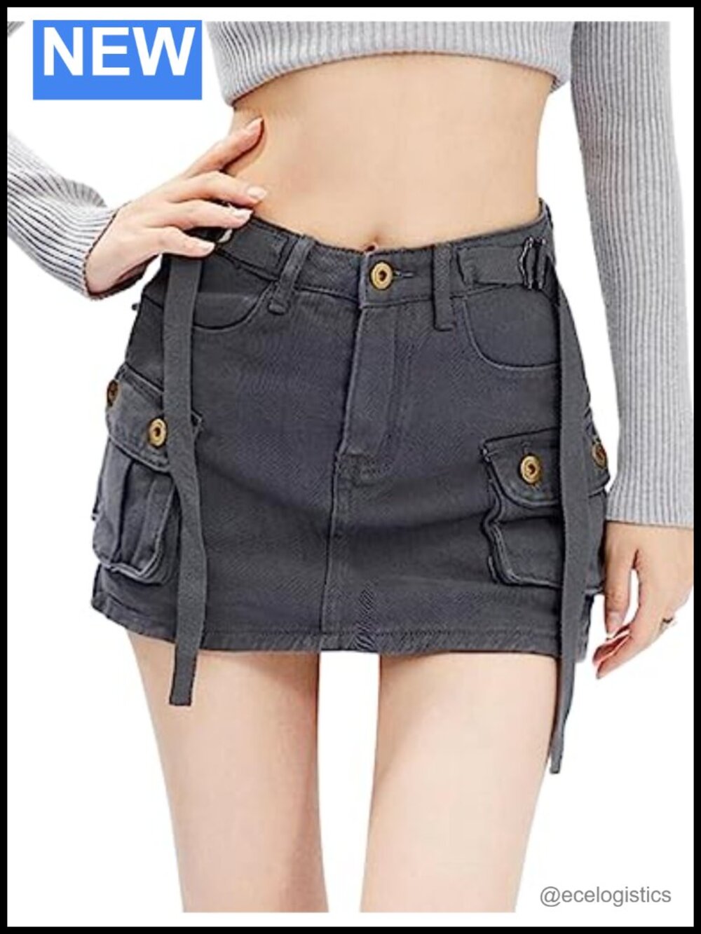 Cotton Denim Mini Cargo Skirt with Inner Shorts Low Rise Bodycon